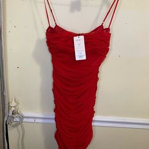 HOUSE OF CB Sirene Ruched Mesh Midi Dress Red Womens M
